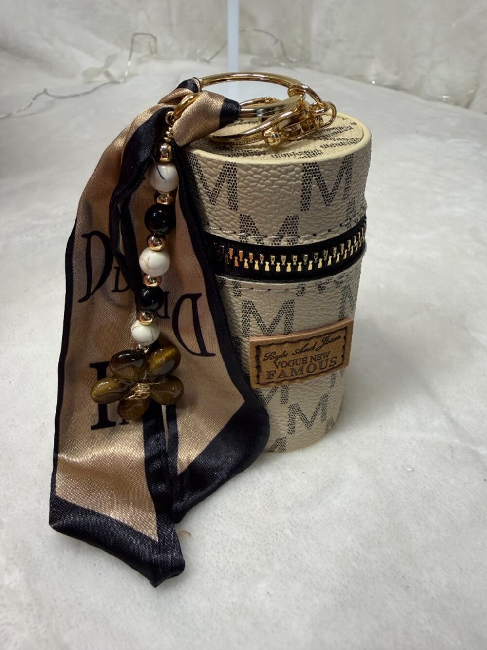 Round Mini Bag with Handmade Tiger’s Eye Stone Flower Charm